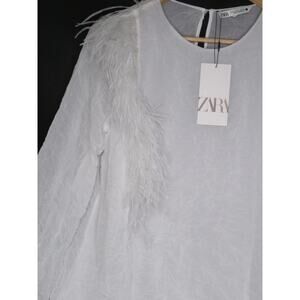 Nwt ZARA White Sheer Wrinkled Fabric Dressy Blouse Top w/ Feathers Detail Sz XL